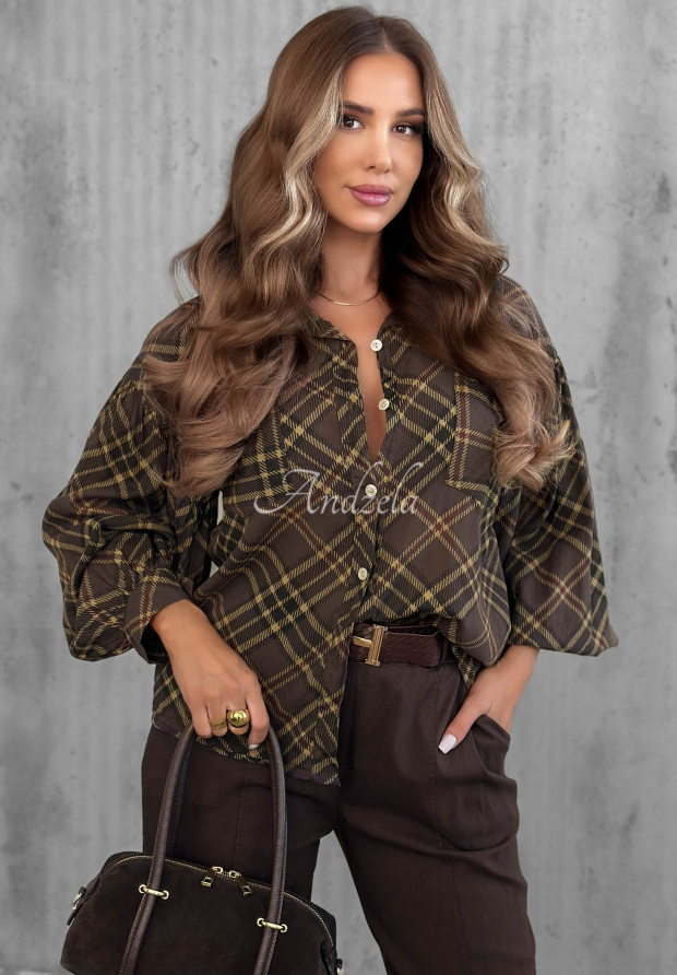Autumn Tale Chocolate-Colored Cotton Checkered Shirt with Pockets and Puff Sleeves