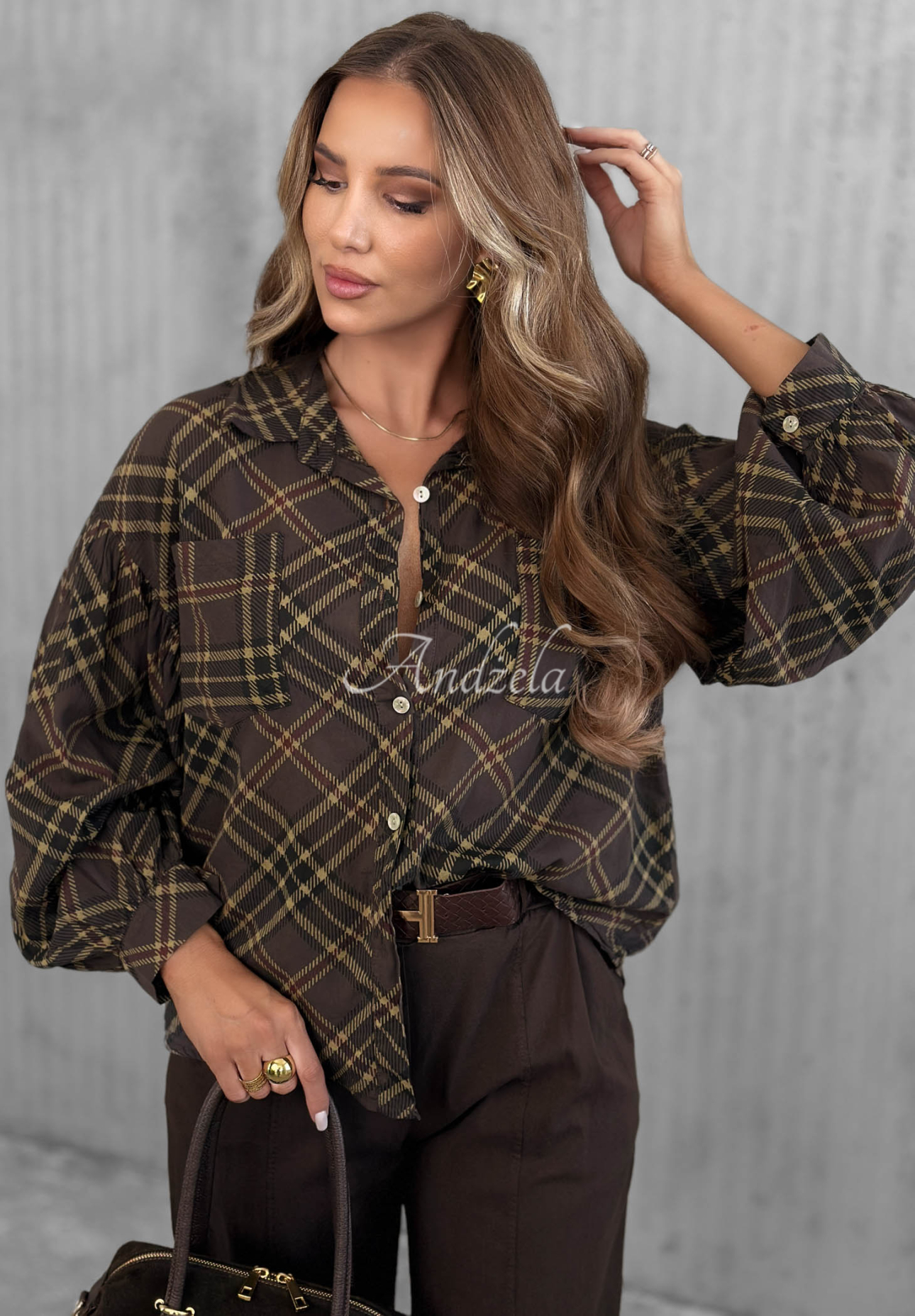 Autumn Tale Chocolate-Colored Cotton Checkered Shirt with Pockets and Puff Sleeves