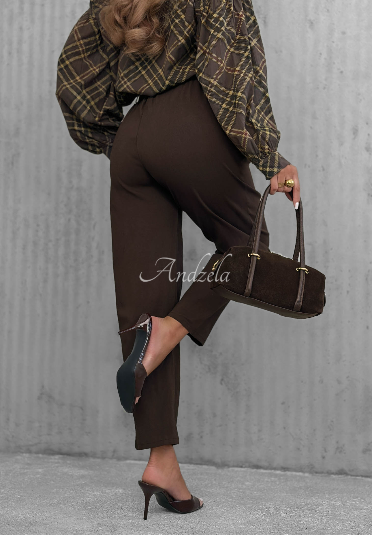 Still Morning Chocolate-Colored Mom-Fit Viscose Pants with a Belt