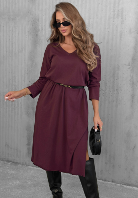 Daily Style Cotton Midi Dress with V-Neck, Berry Blue