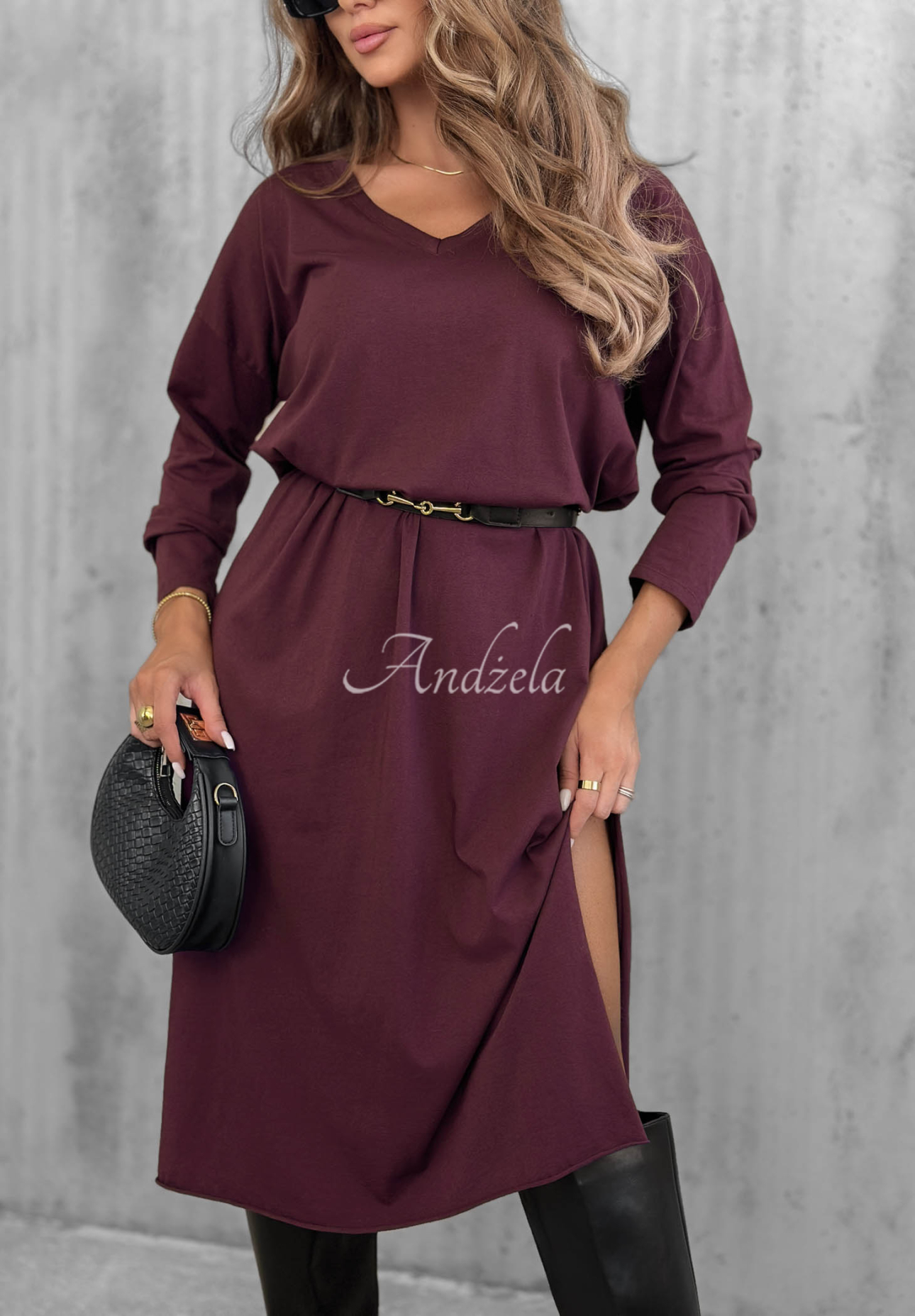 Daily Style Cotton Midi Dress with V-Neck, Berry Blue