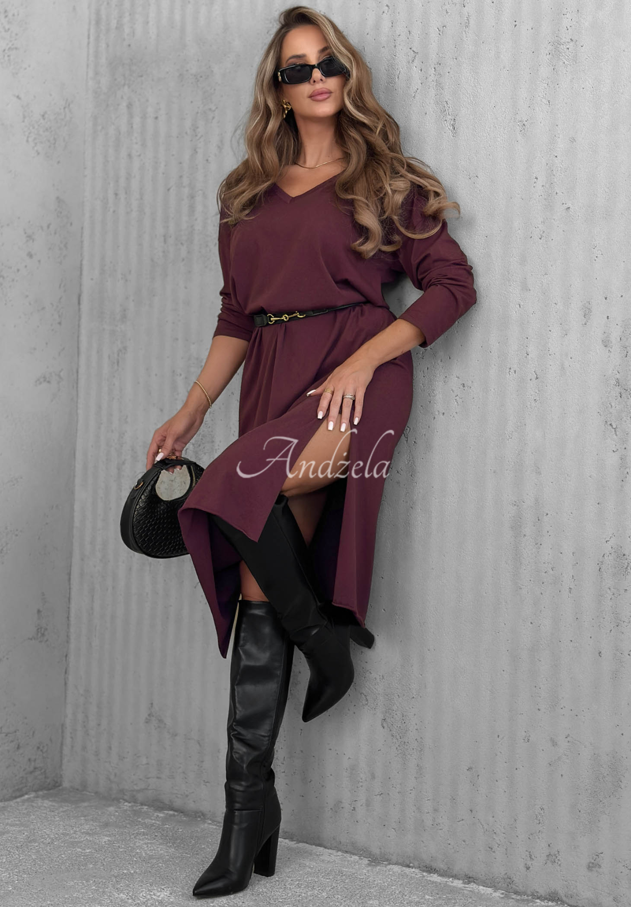Daily Style Cotton Midi Dress with V-Neck, Berry Blue