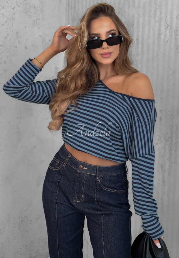 Lovely Autumn Blue Striped Neckline Cotton Sweater