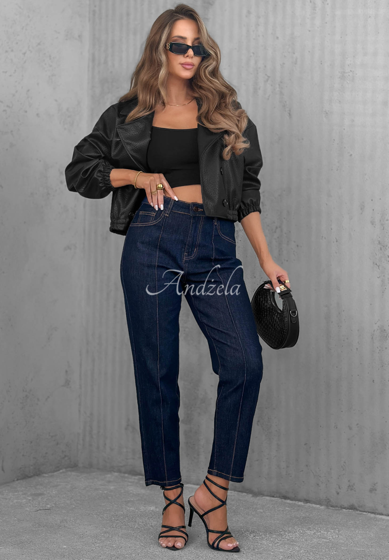 Spodnie jeansowe mom fit z przeszyciami Busy Today granatowe