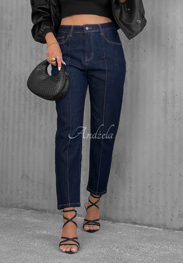 Busy Today Navy Blue Mom-Fit Jeans with Stitching
