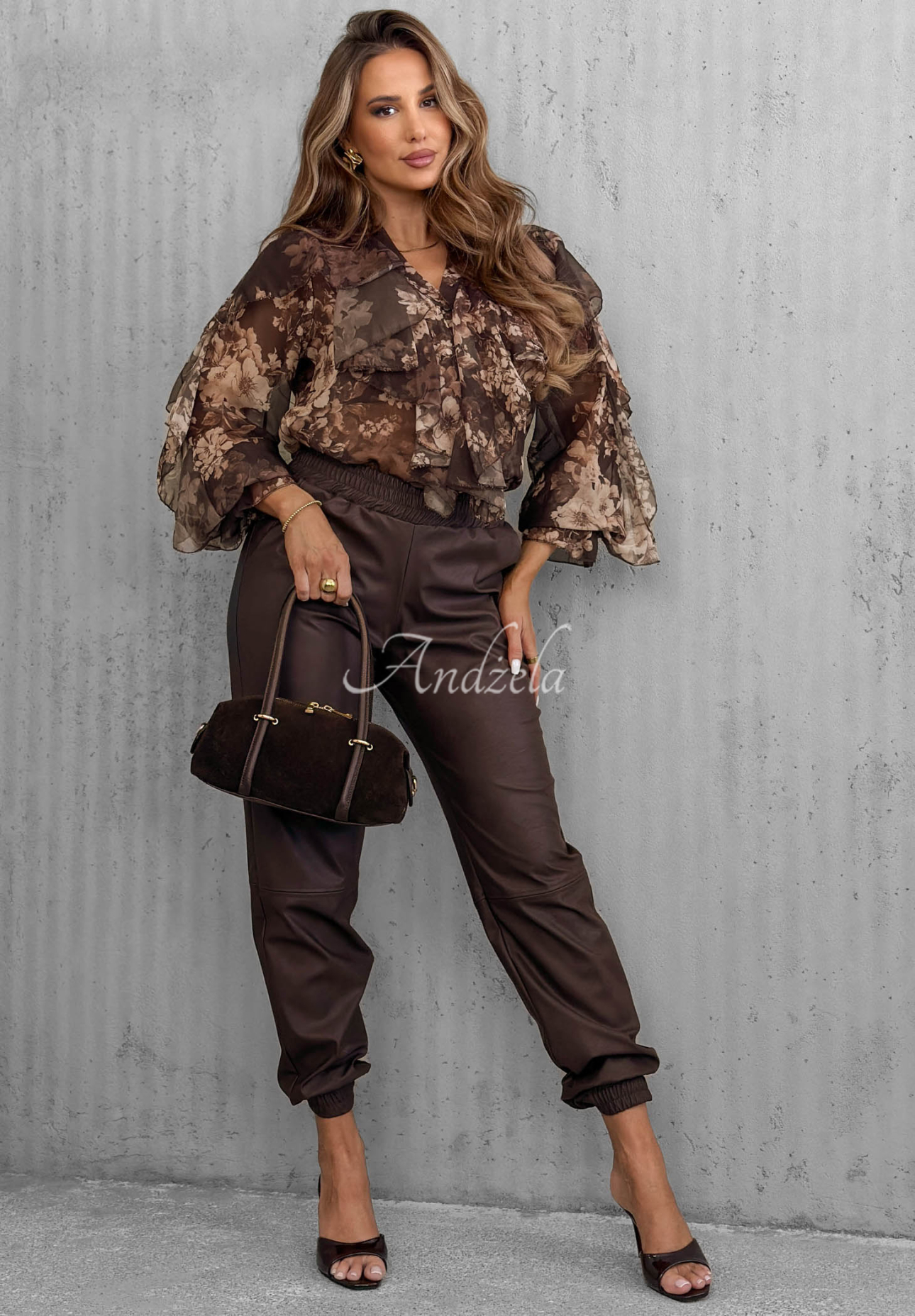 Sweet Romance Chocolate Floral Sheer Shirt with Ruffles
