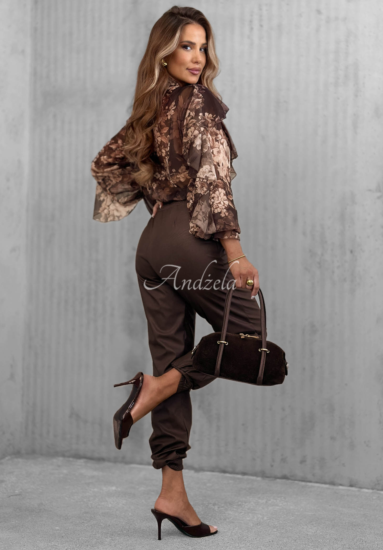Sweet Romance Chocolate Floral Sheer Shirt with Ruffles