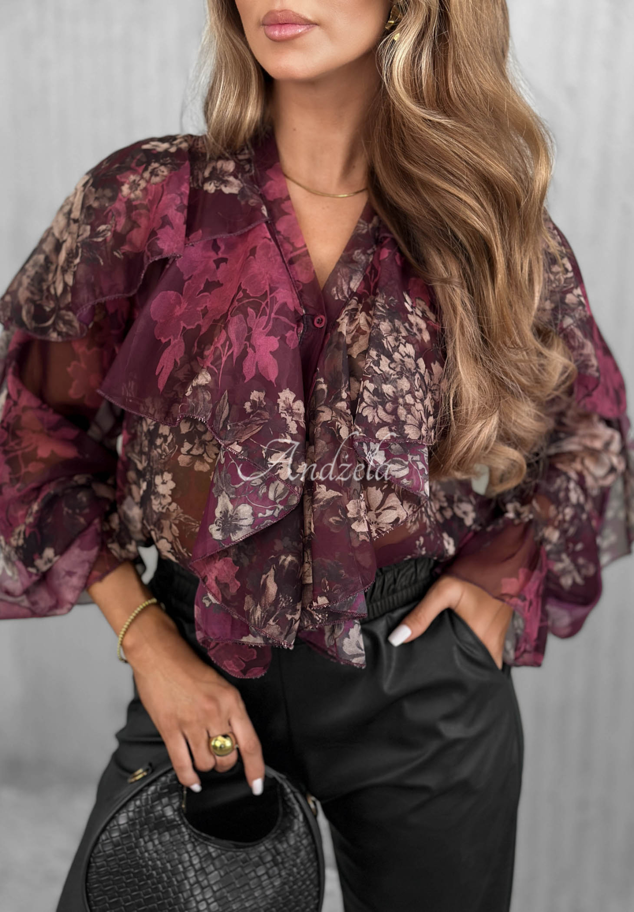 Sweet Romance Berry-Colored Floral Sheer Shirt with Ruffles