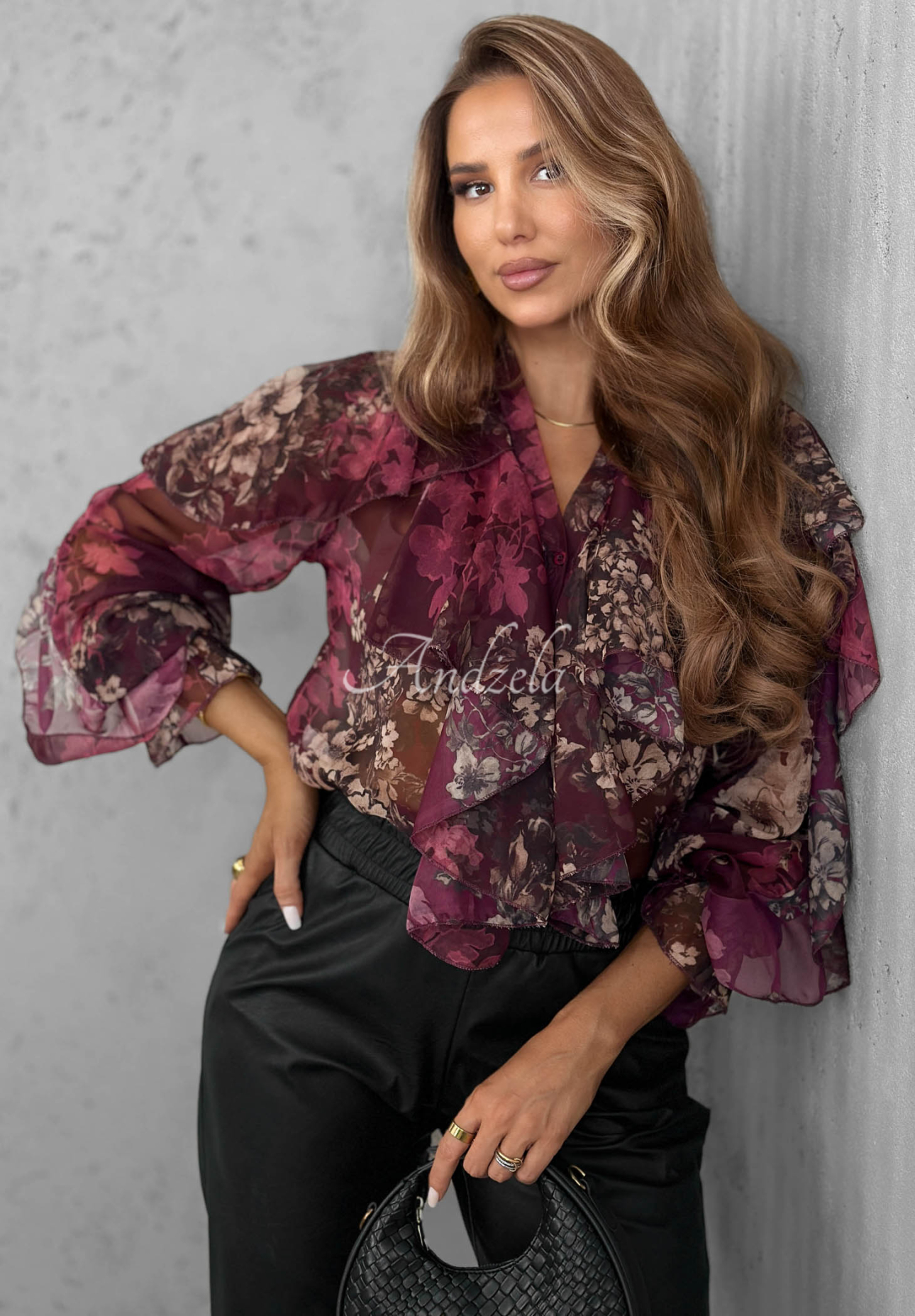 Sweet Romance Berry-Colored Floral Sheer Shirt with Ruffles