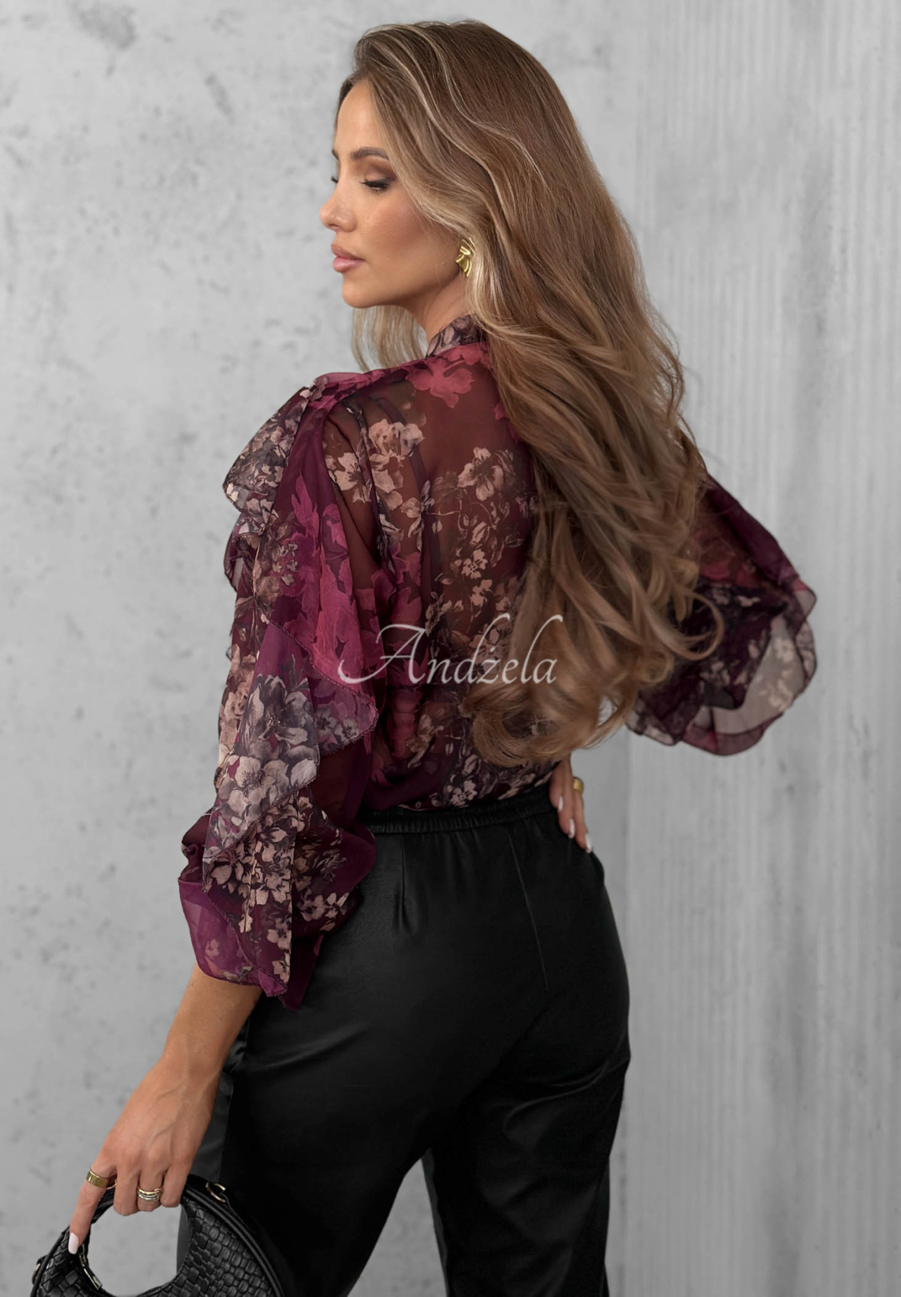 Sweet Romance Berry-Colored Floral Sheer Shirt with Ruffles
