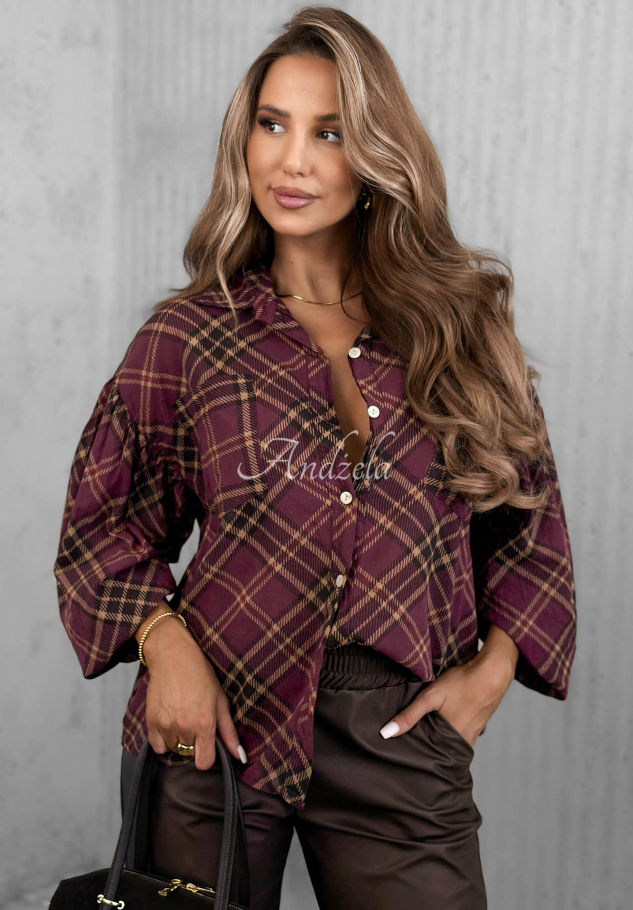 Autumn Tale Berry-Colored Checkered Cotton Shirt with Pockets and Puff Sleeves
