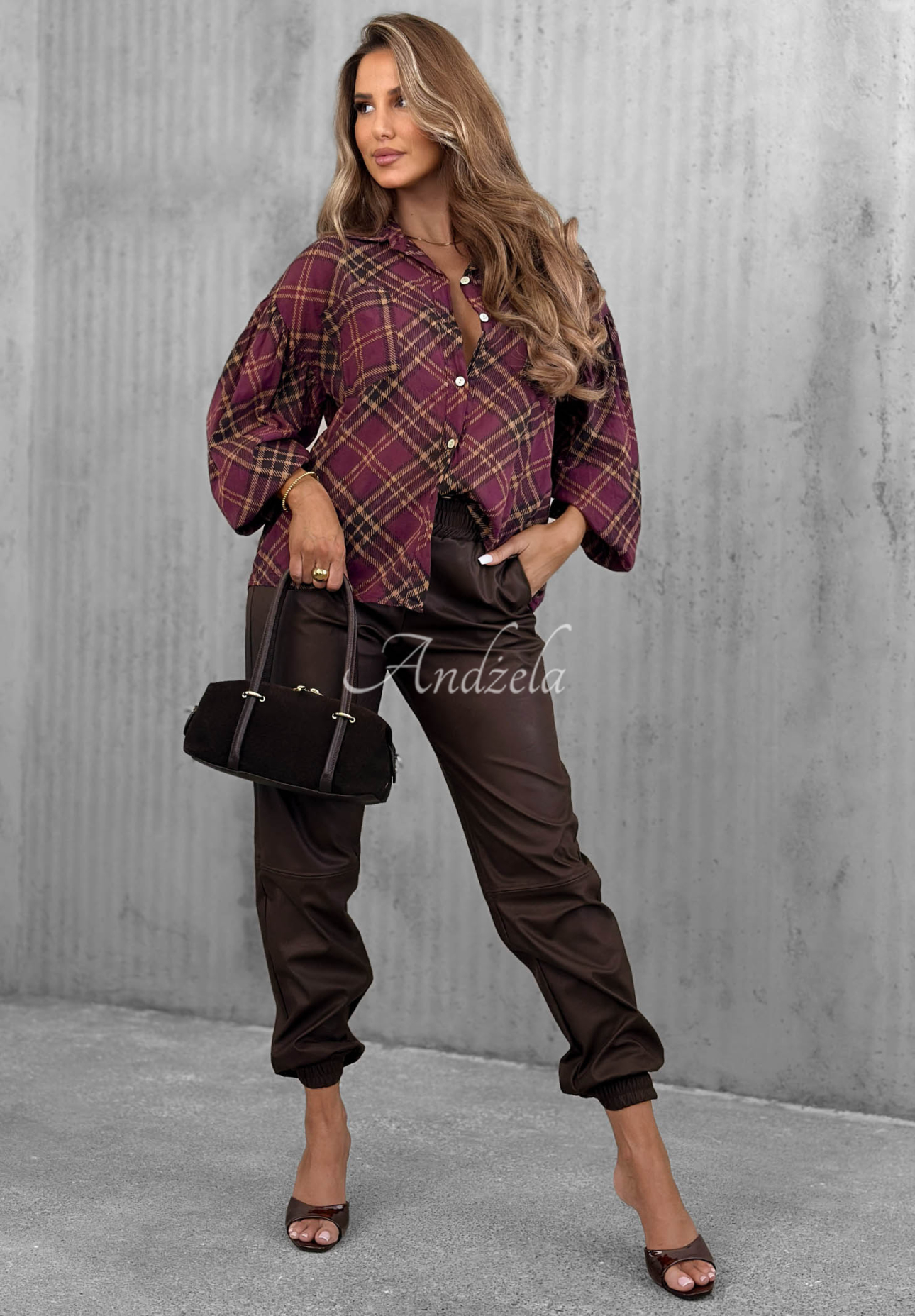 Autumn Tale Berry-Colored Checkered Cotton Shirt with Pockets and Puff Sleeves