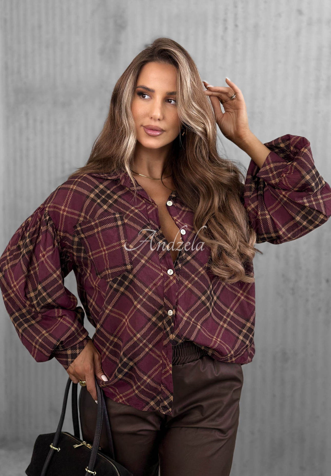 Autumn Tale Berry-Colored Checkered Cotton Shirt with Pockets and Puff Sleeves