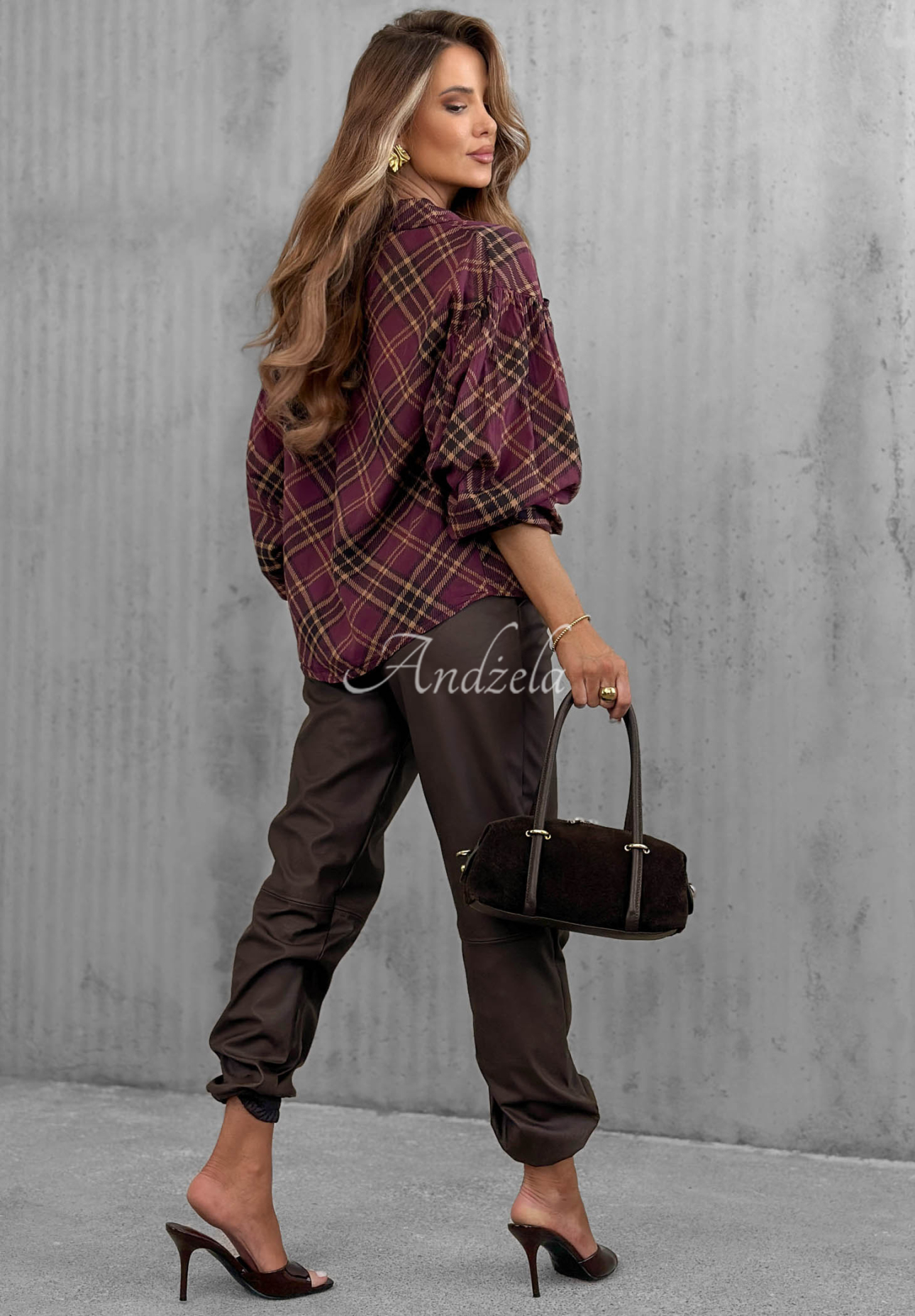 Autumn Tale Berry-Colored Checkered Cotton Shirt with Pockets and Puff Sleeves