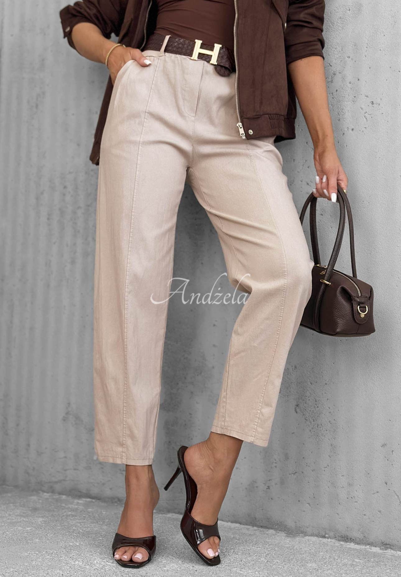 Still Morning Beige Mom-Fit Viscose Pants with a Belt