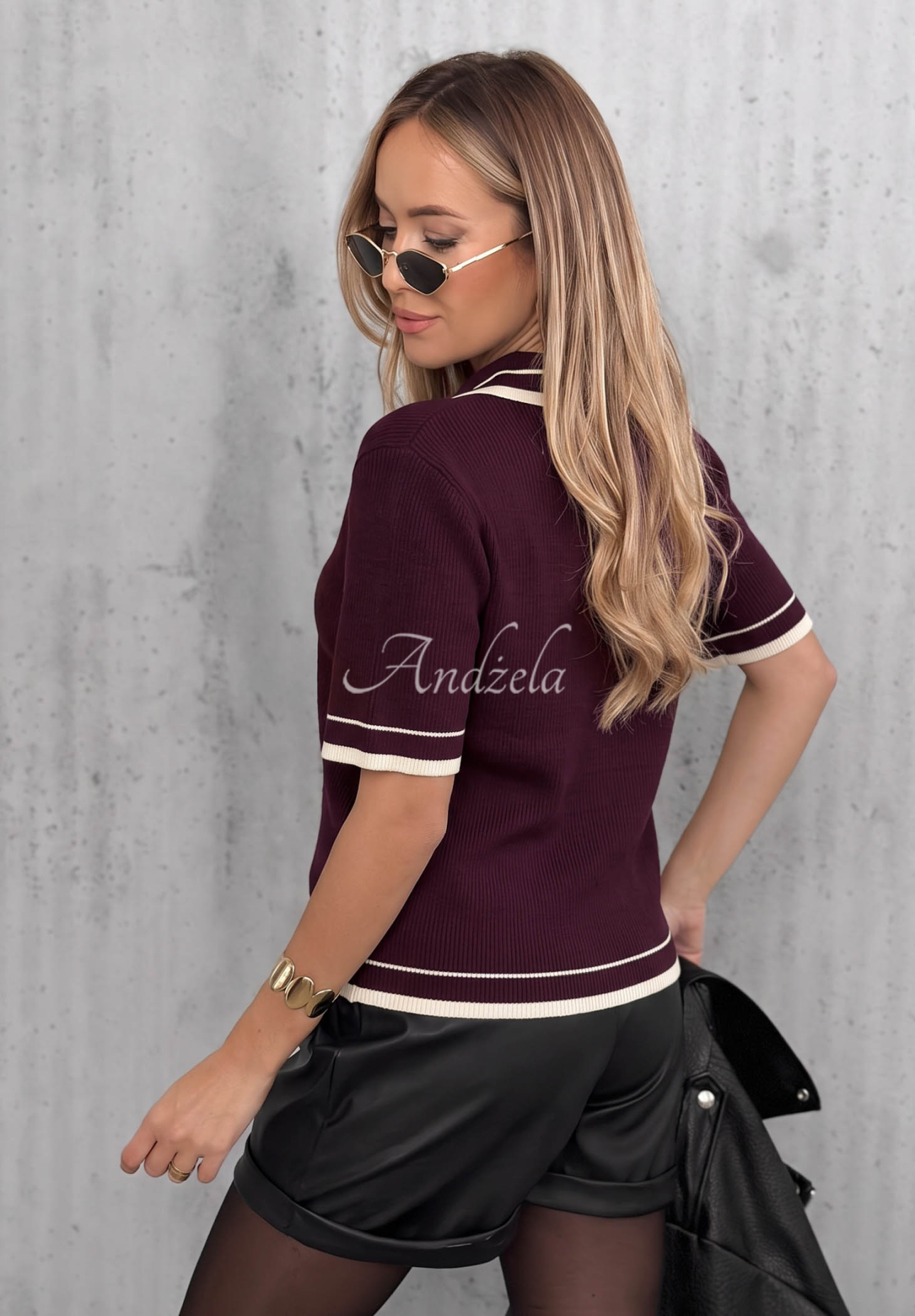 Tea Society Short-Sleeve Viscose Sweater with Collar in Berry