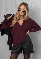Bawełniana bluzka longsleeve z dekoltem Basic Charm burgundowa