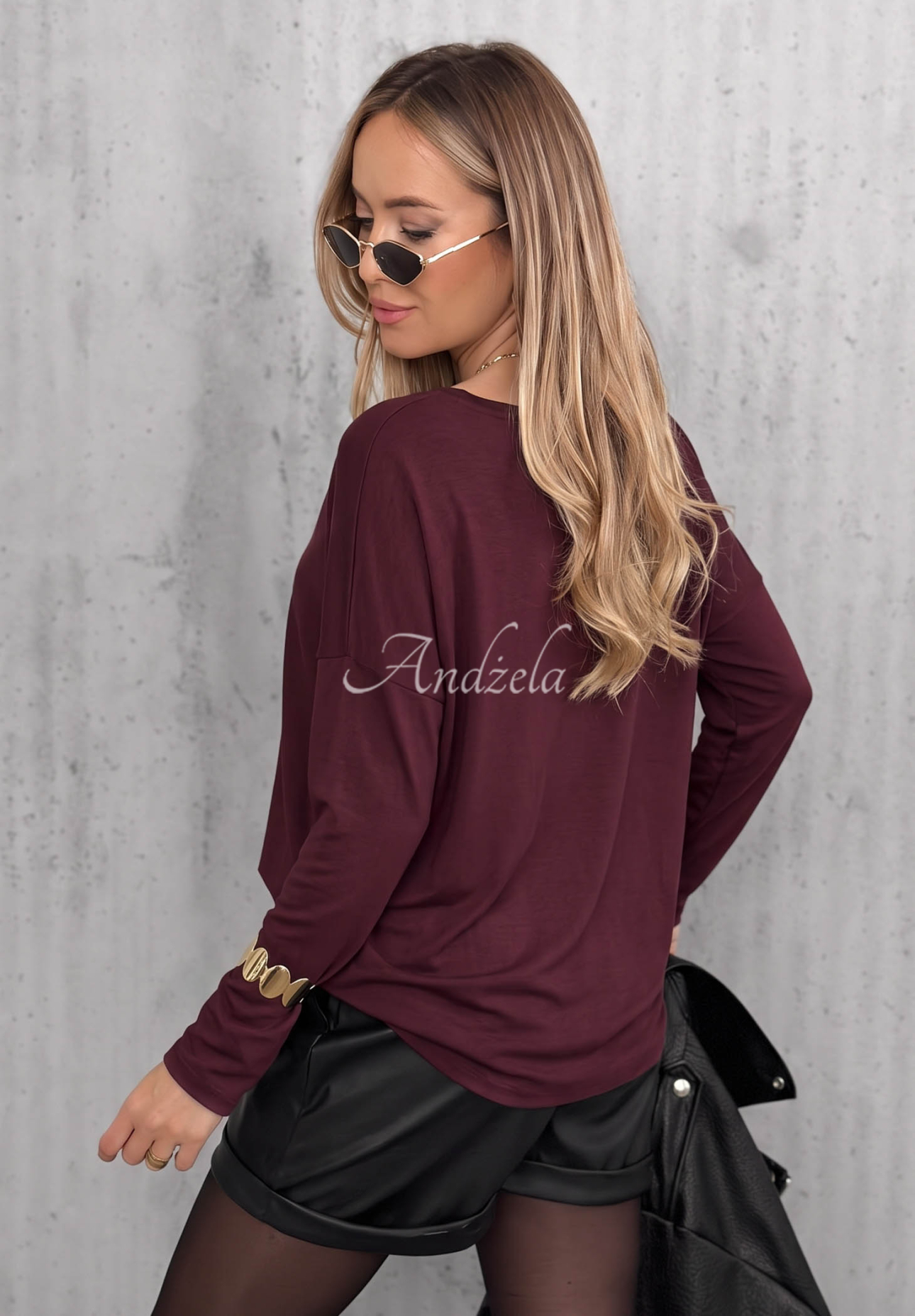 Basic Charm Long-Sleeve Cotton Blouse with Neckline, Berry Blue