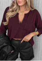 Bawełniana bluzka longsleeve z dekoltem Basic Charm burgundowa