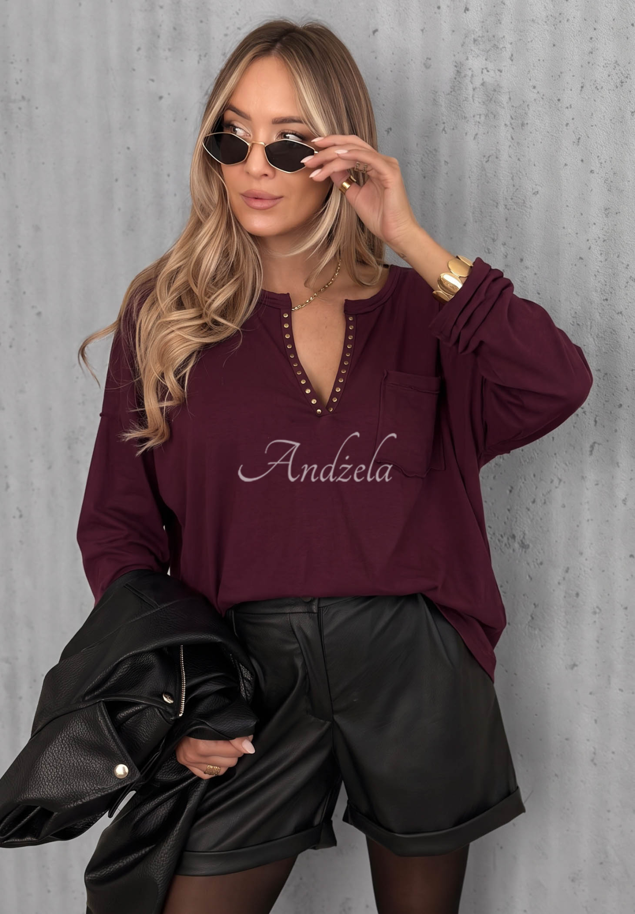 Basic Charm Long-Sleeve Cotton Blouse with Neckline, Berry Blue