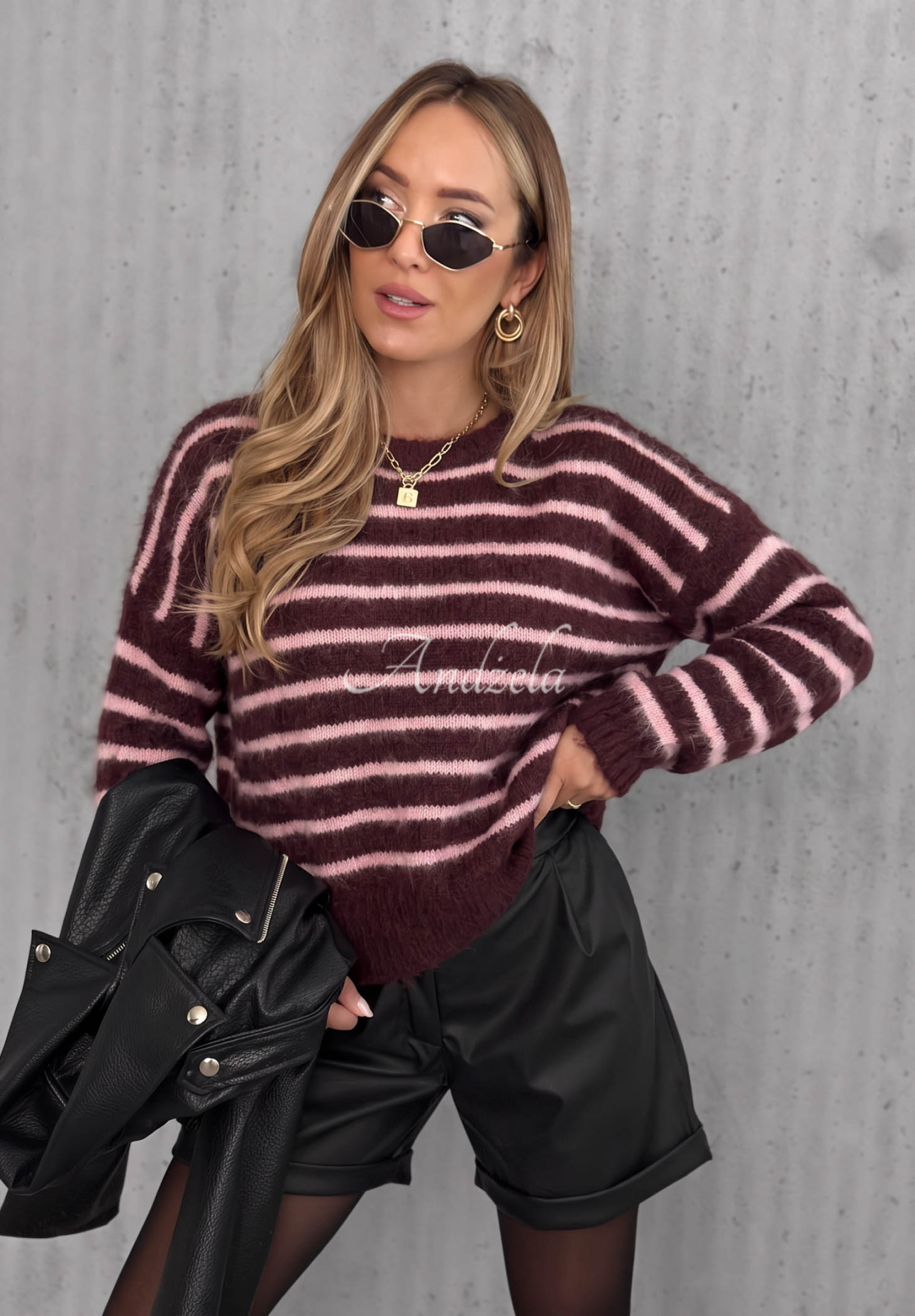 Soft striped sweater made of wool and viscose by Sweet Cold in berry-pink