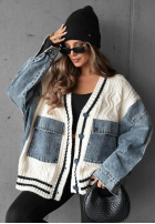 Ozdobnie pleciony sweter kardigan z jeansowymi elementami Morning Streets ecru