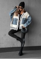 Ozdobnie pleciony sweter kardigan z jeansowymi elementami Morning Streets ecru