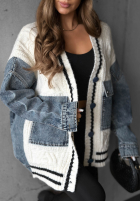 Ozdobnie pleciony sweter kardigan z jeansowymi elementami Morning Streets ecru