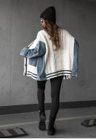 Ozdobnie pleciony sweter kardigan z jeansowymi elementami Morning Streets ecru