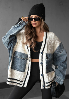 Morning Streets ecru cotton cardigan with denim details