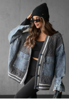 Ozdobnie pleciony sweter kardigan z jeansowymi elementami Morning Streets ecru