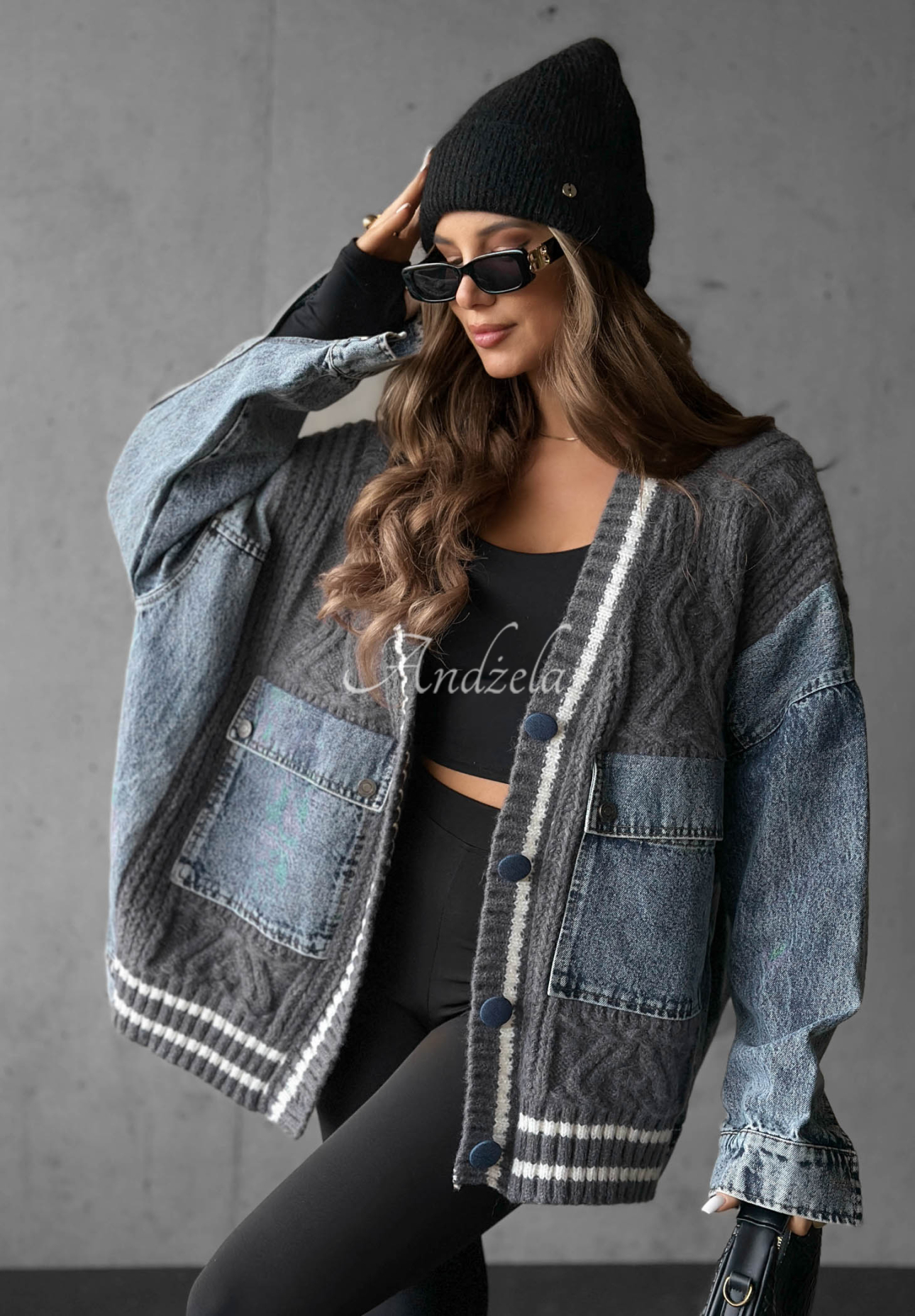 Bawełniany sweter kardigan z jeansowymi elementami Morning Streets szary