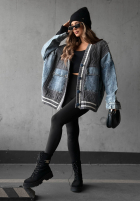 Ozdobnie pleciony sweter kardigan z jeansowymi elementami Morning Streets ecru