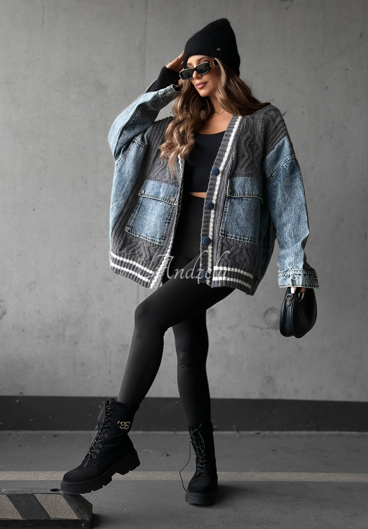 Bawełniany sweter kardigan z jeansowymi elementami Morning Streets szary
