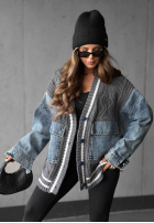 Ozdobnie pleciony sweter kardigan z jeansowymi elementami Morning Streets ecru