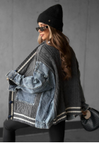 Ozdobnie pleciony sweter kardigan z jeansowymi elementami Morning Streets ecru