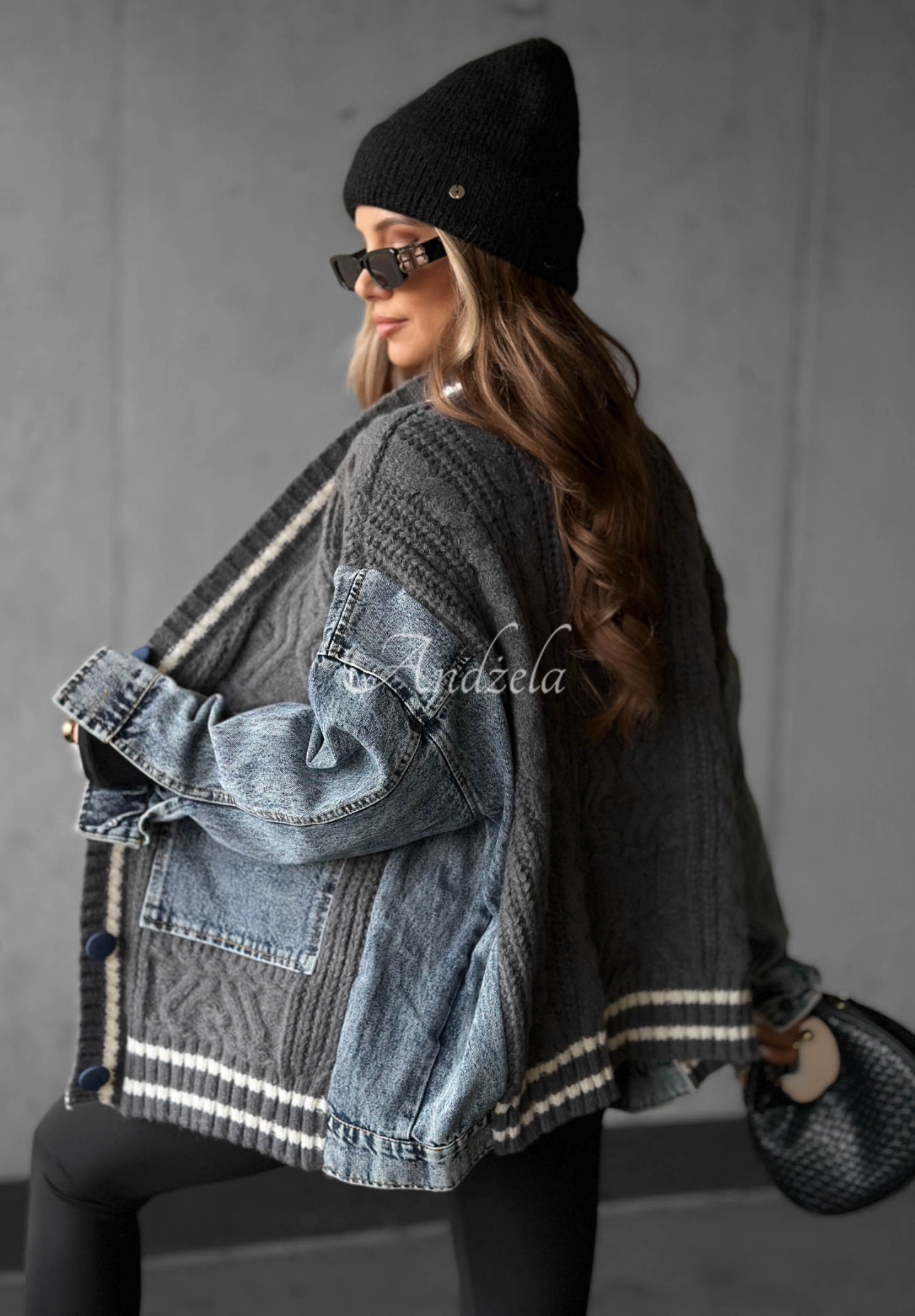 Morning Streets Gray Cotton Cardigan with Denim Accents