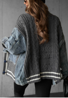 Ozdobnie pleciony sweter kardigan z jeansowymi elementami Morning Streets ecru