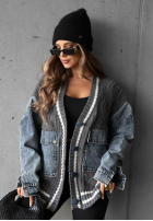 Ozdobnie pleciony sweter kardigan z jeansowymi elementami Morning Streets ecru