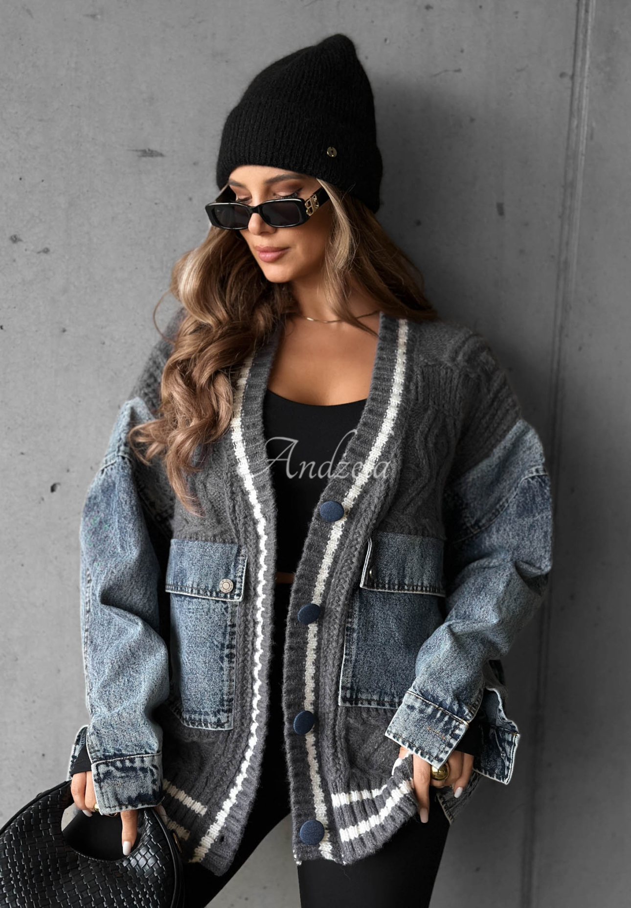 Bawełniany sweter kardigan z jeansowymi elementami Morning Streets szary