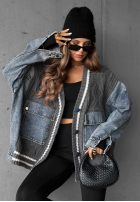 Ozdobnie pleciony sweter kardigan z jeansowymi elementami Morning Streets ecru