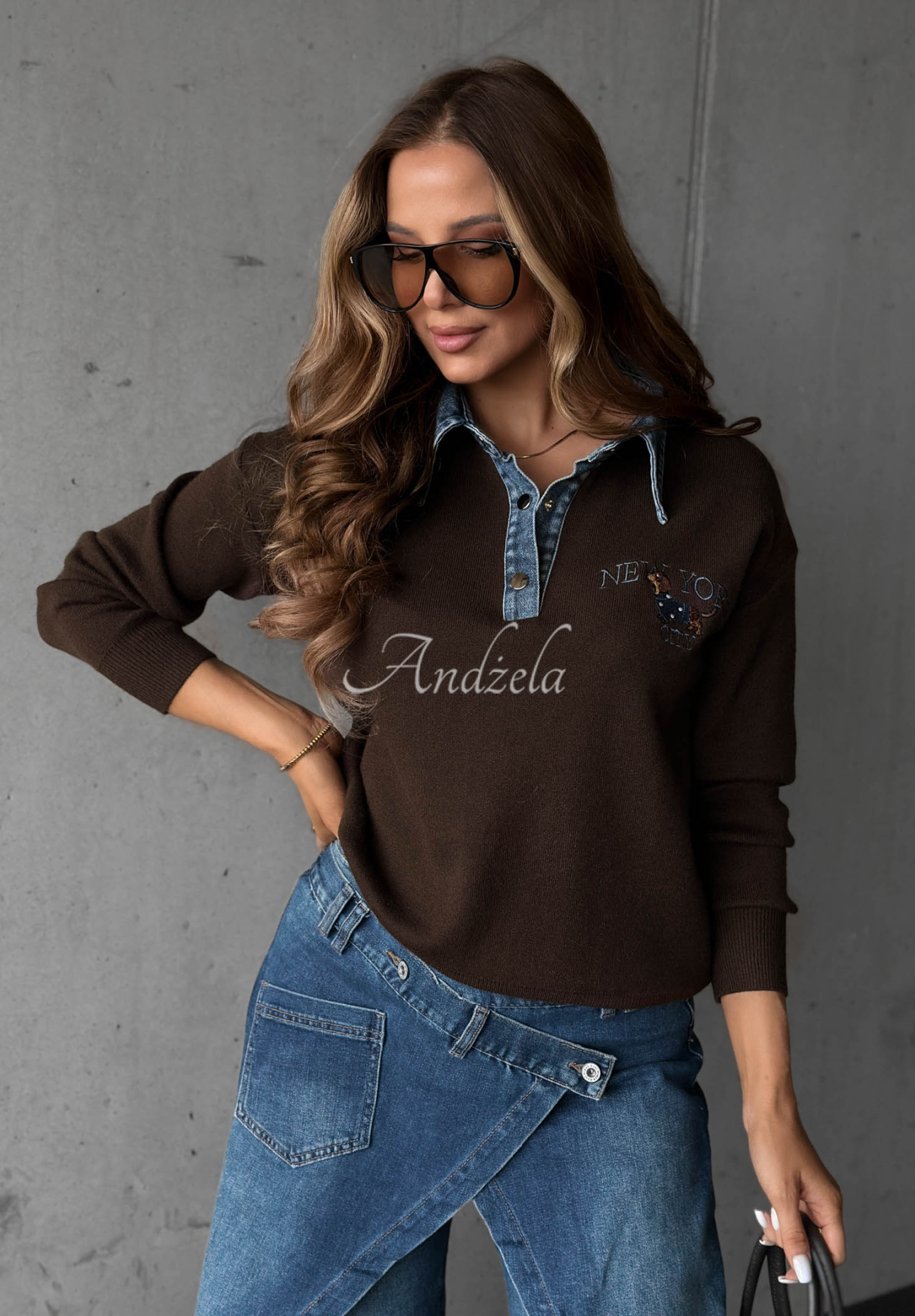 Viscose Sweater with Denim Collar, NY City, Chocolate
