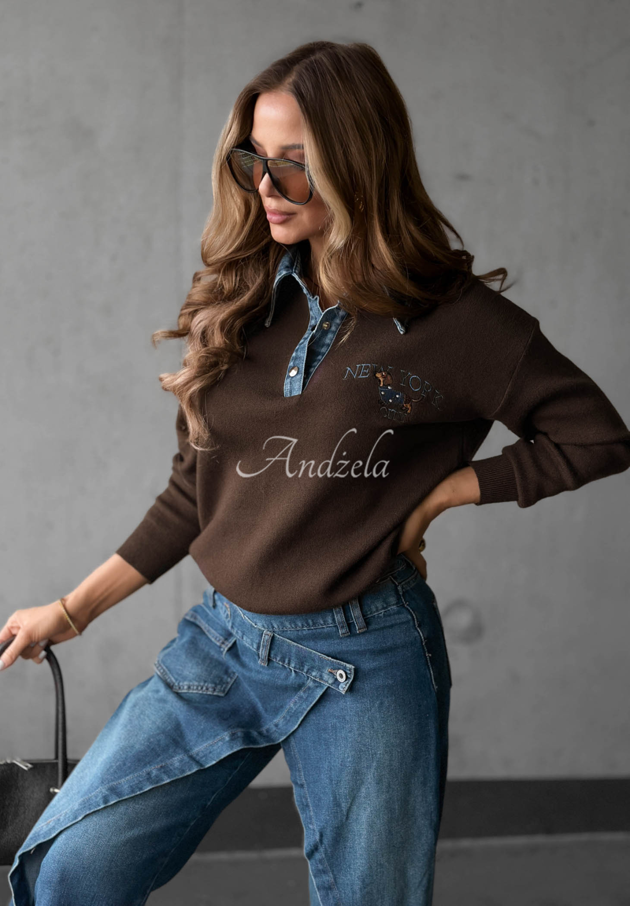 Viscose Sweater with Denim Collar, NY City, Chocolate