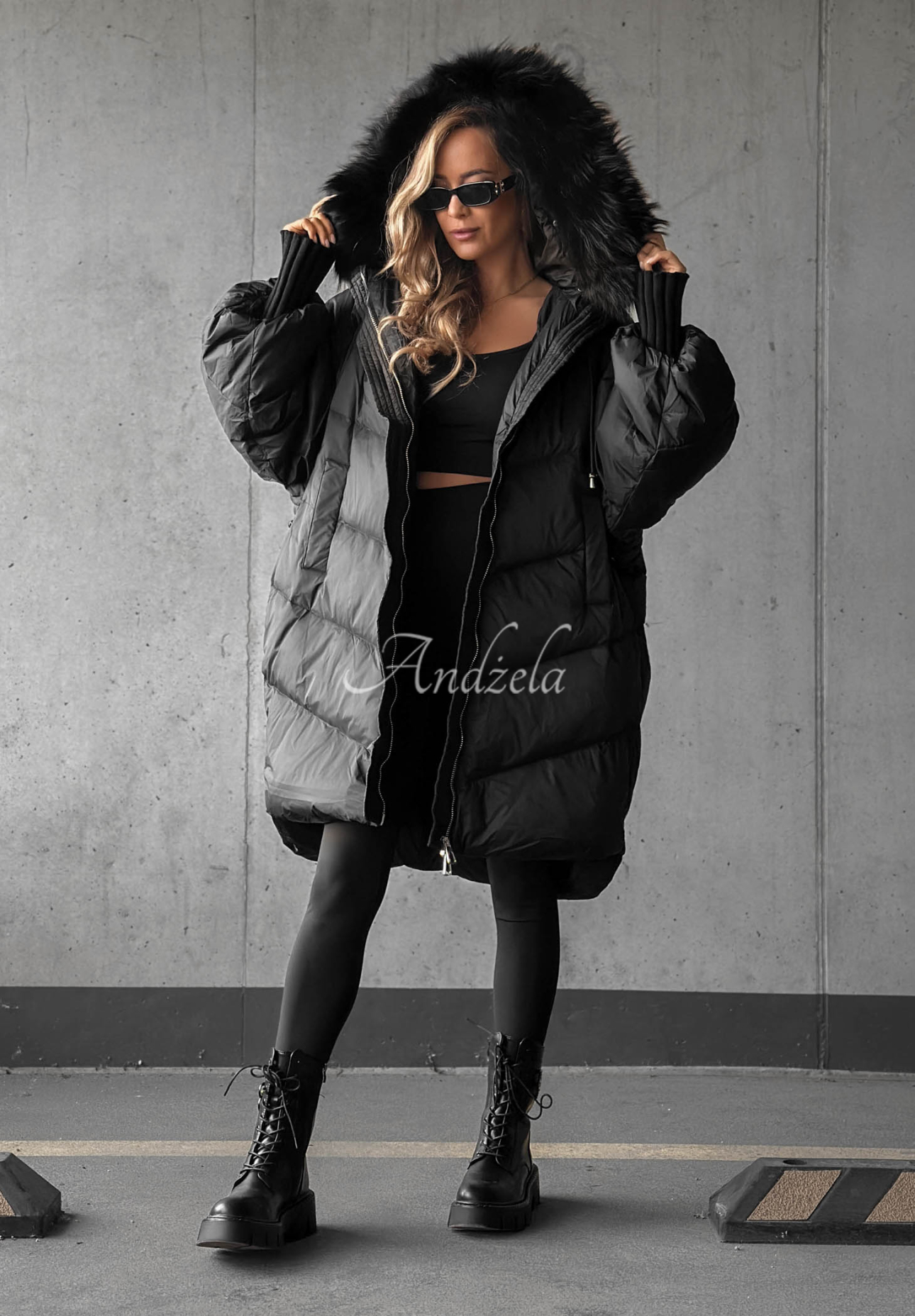 Shiny Frost Long Black Down Jacket with Hood and Fur Trim