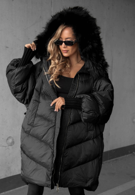 Shiny Frost Long Black Down Jacket with Hood and Fur Trim