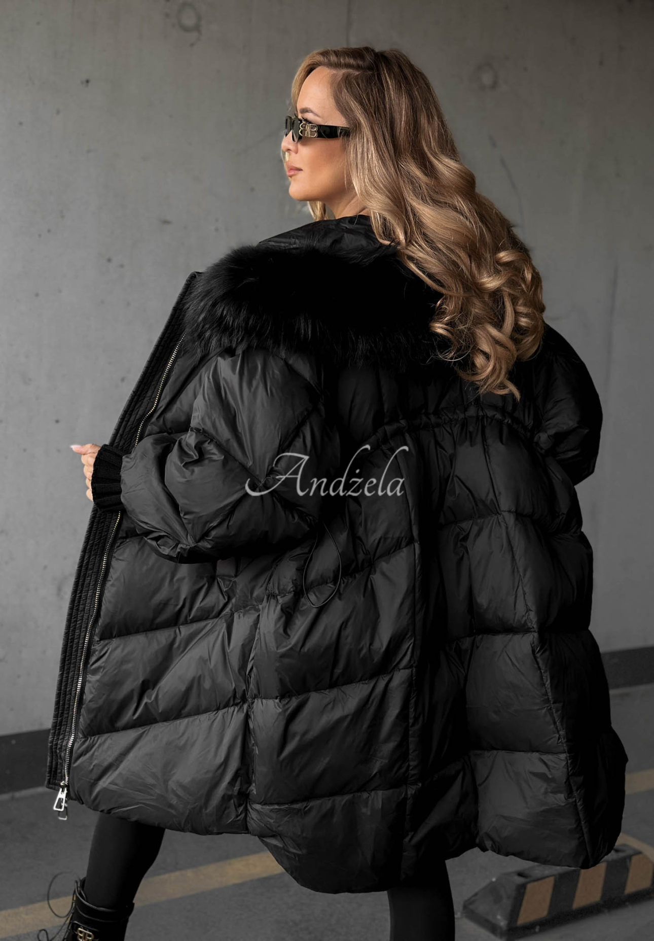 Shiny Frost Long Black Down Jacket with Hood and Fur Trim