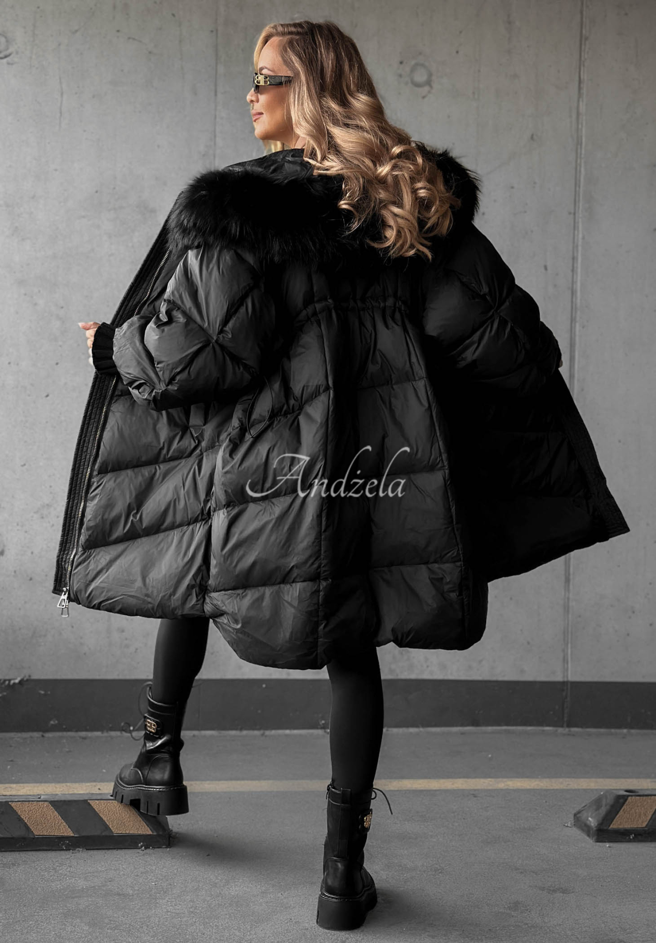 Shiny Frost Long Black Down Jacket with Hood and Fur Trim