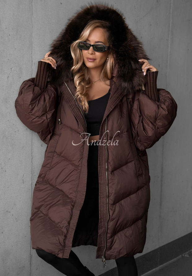 Shiny Frost Long Down Jacket with Hood and Fur Trim in Chocolate Brown