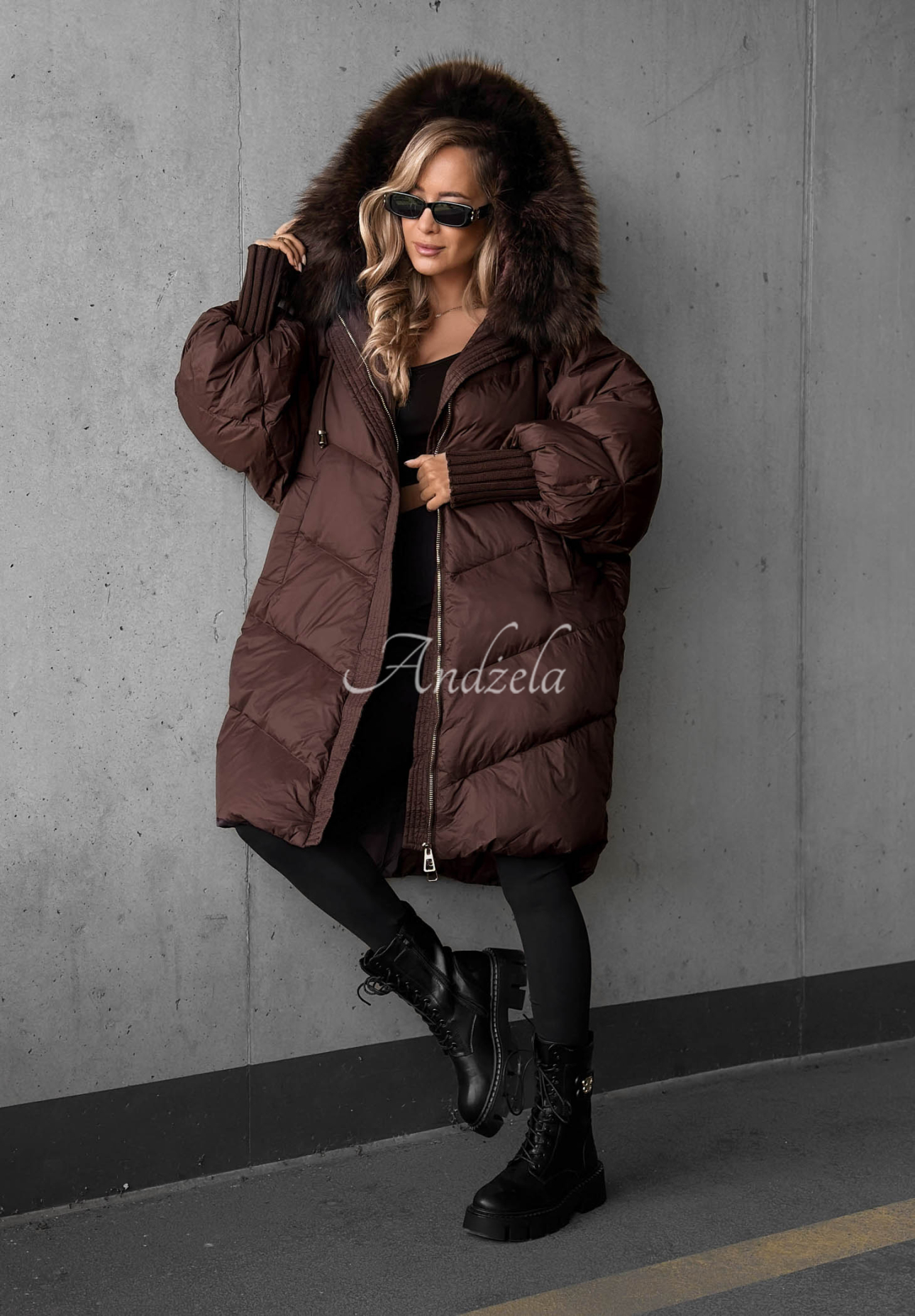 Shiny Frost Long Down Jacket with Hood and Fur Trim in Chocolate Brown
