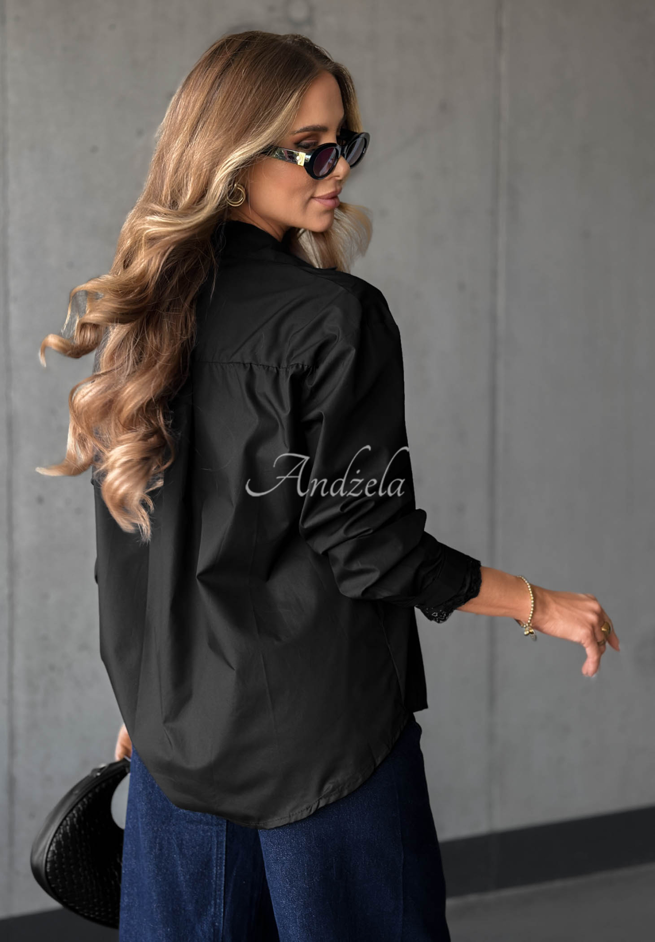 Silver Mist Black Oversized Cotton Shirt with Lace